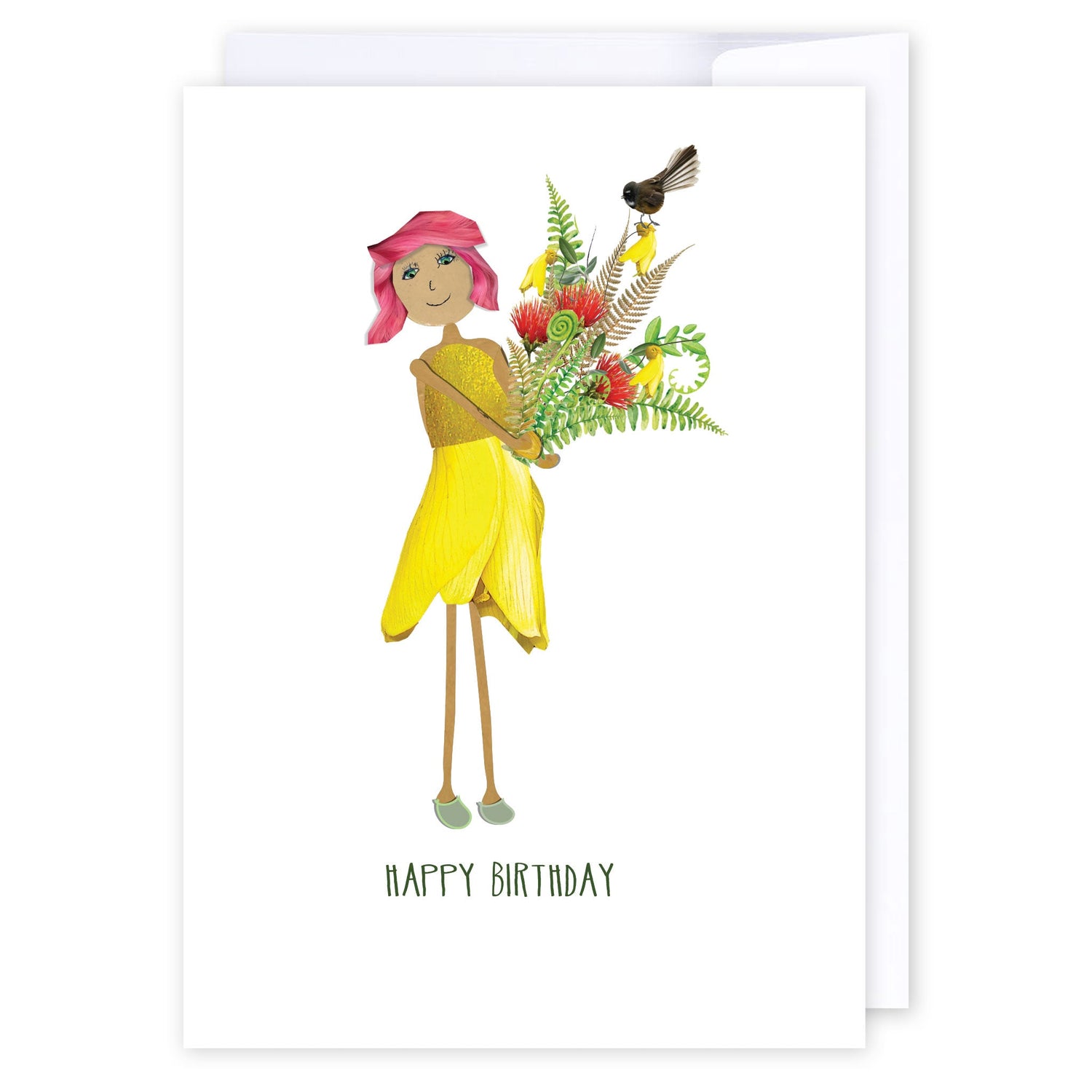 Happy Birthday Kowhai dress: NZ Made Greeting Card, Best sellers, Birthday, Jandal &amp; Ink by iCandy Publishing