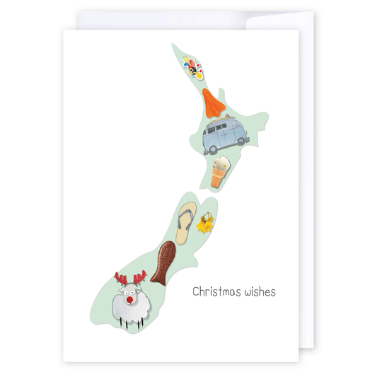 Kiwiana Map: NZ Made Greeting Card, Christmas, Jandal & Ink, New by iCandy Publishing