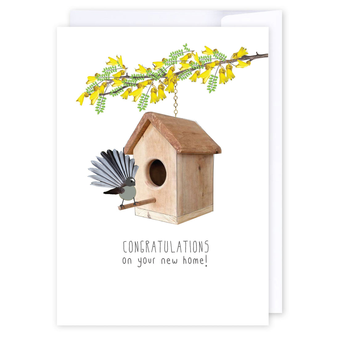 New Home Fantail: NZ Made Greeting Card, Congratulations, Jandal &amp; Ink, Kiwiana by iCandy Publishing