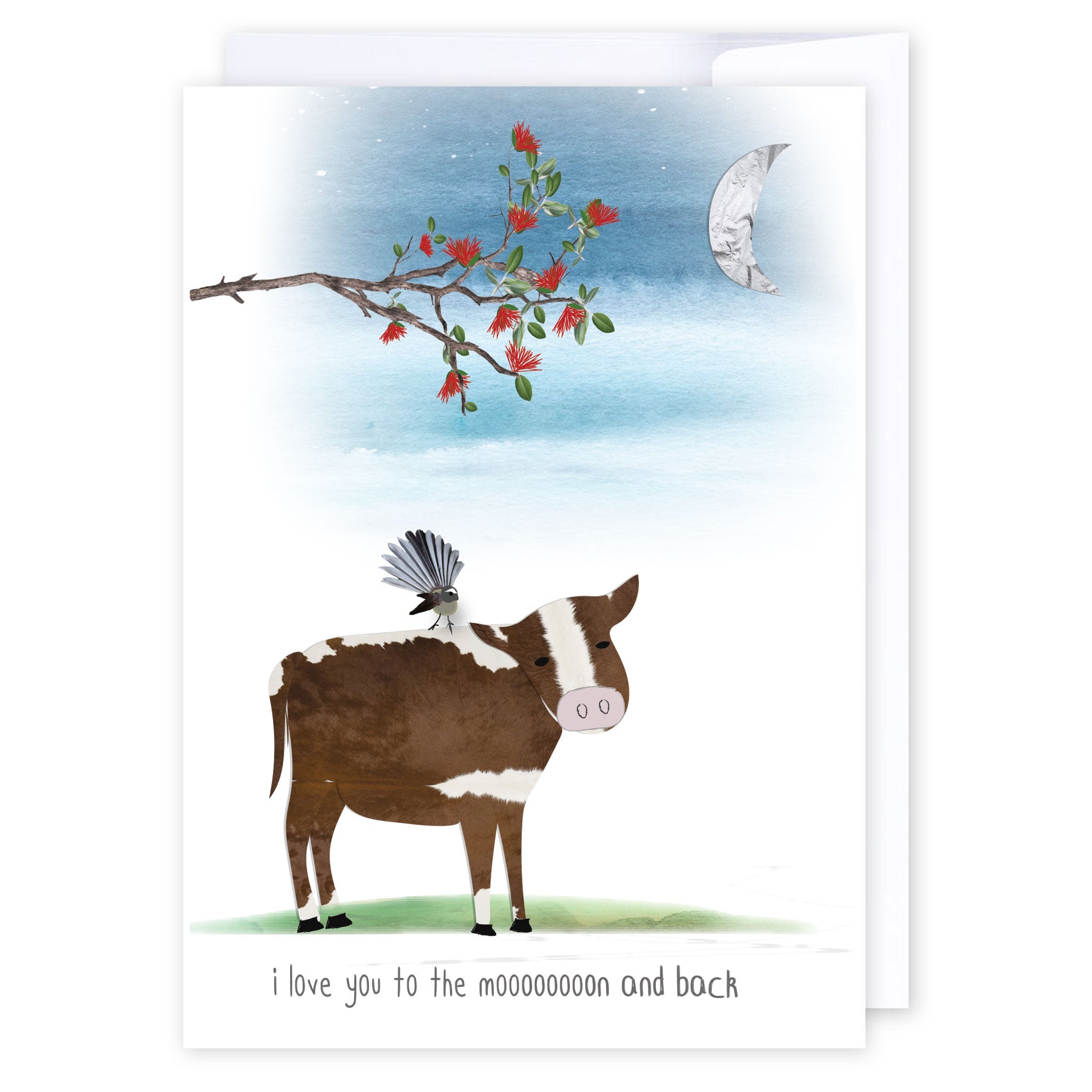 To The Moon And Back Cow: NZ Made Greeting Card, Jandal &amp; Ink, Kiwiana, Love by iCandy Publishing