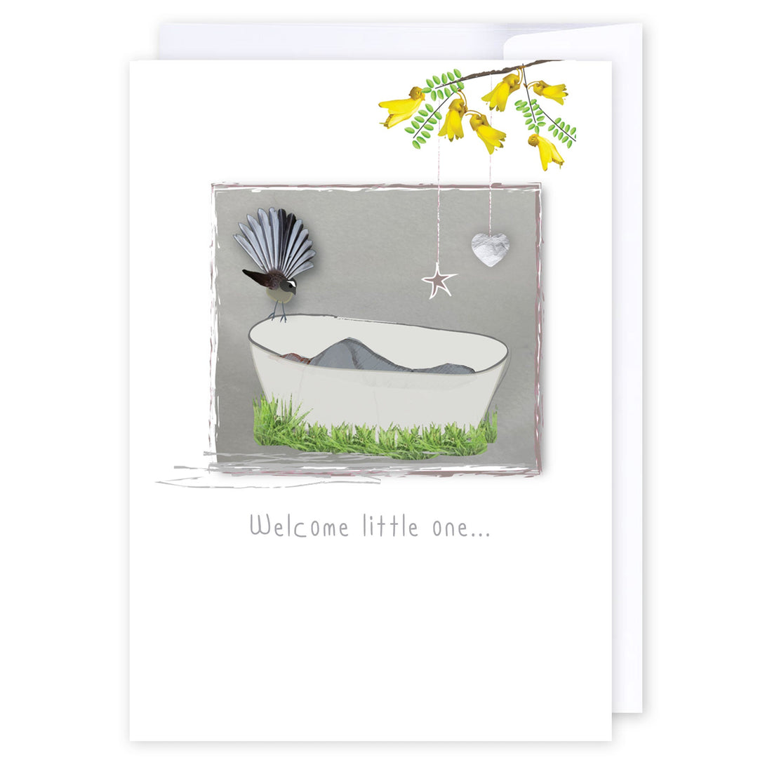Welcome little one Fantail &amp; Kowhai: NZ Made Greeting Card, Baby, Jandal &amp; Ink, Kiwiana by iCandy Publishing